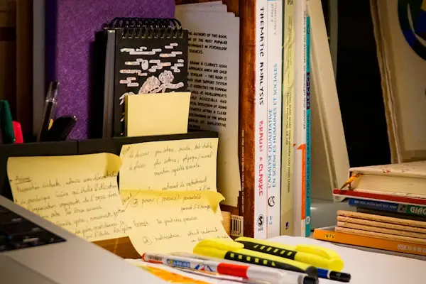 A desk with an open book and laptop